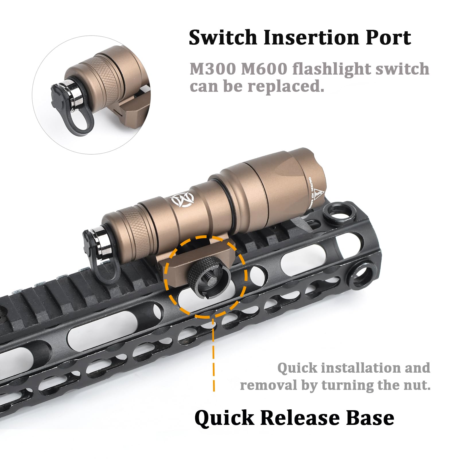 M300A Torcia Lanterna tattica con interruttore a pressione, lanterna da ricognizione a 600 lumen per il sistema ferroviario Mlok Keymod 20 mm Picatinini (Marrone)