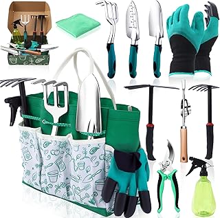 Garden Tool Set for Women, 12pcs Heavy Duty Gardening Tools, Cute Gardening Supplies Gifts for Women Mom, Garden Hand Tools with Fashion Organizer Handbag, Garden Tools for Gardening, Planting, Green