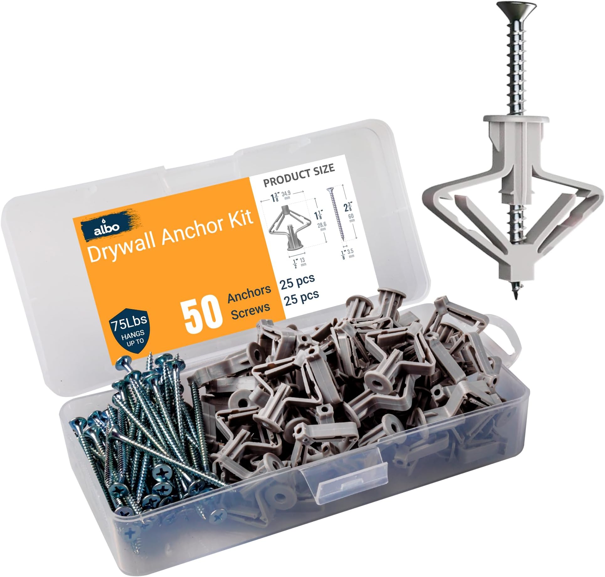 ALBO Drywall Anchor Kit Hollow Wall with Screws 50 pcs. (Grey Anchor 25pcs + Screws 25pcs) Plastic Hollow Wall Drilling Anchors