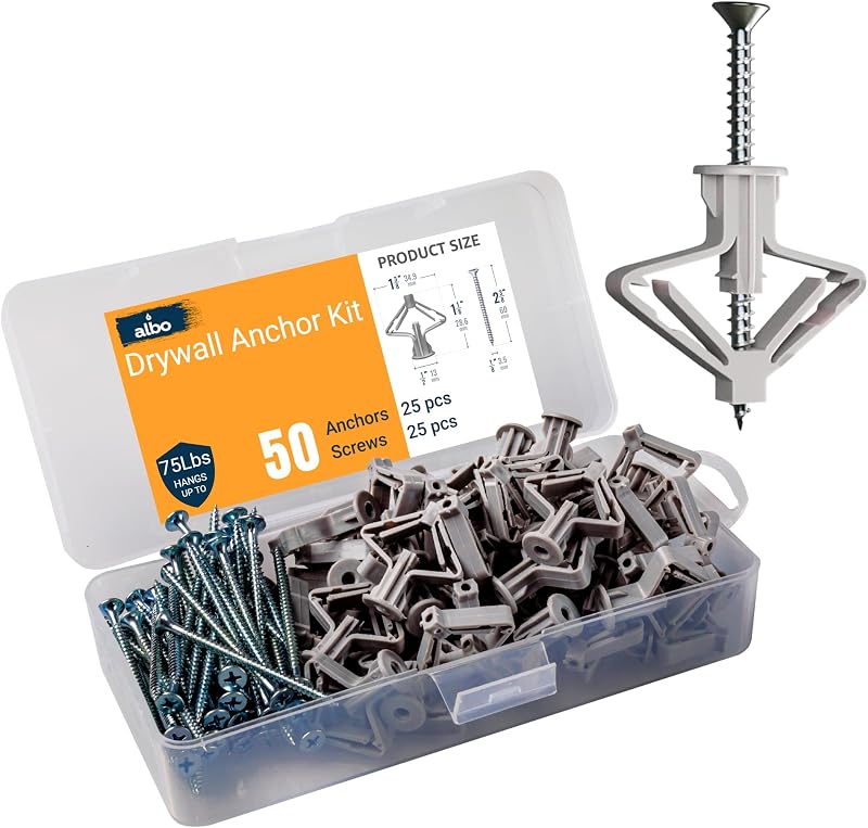 ALBO Drywall Anchor Kit Hollow Wall with Screws 50 pcs. (Grey Anchor 25pcs + Screws 25pcs) Plastic Hollow Wall Drilling Anchors