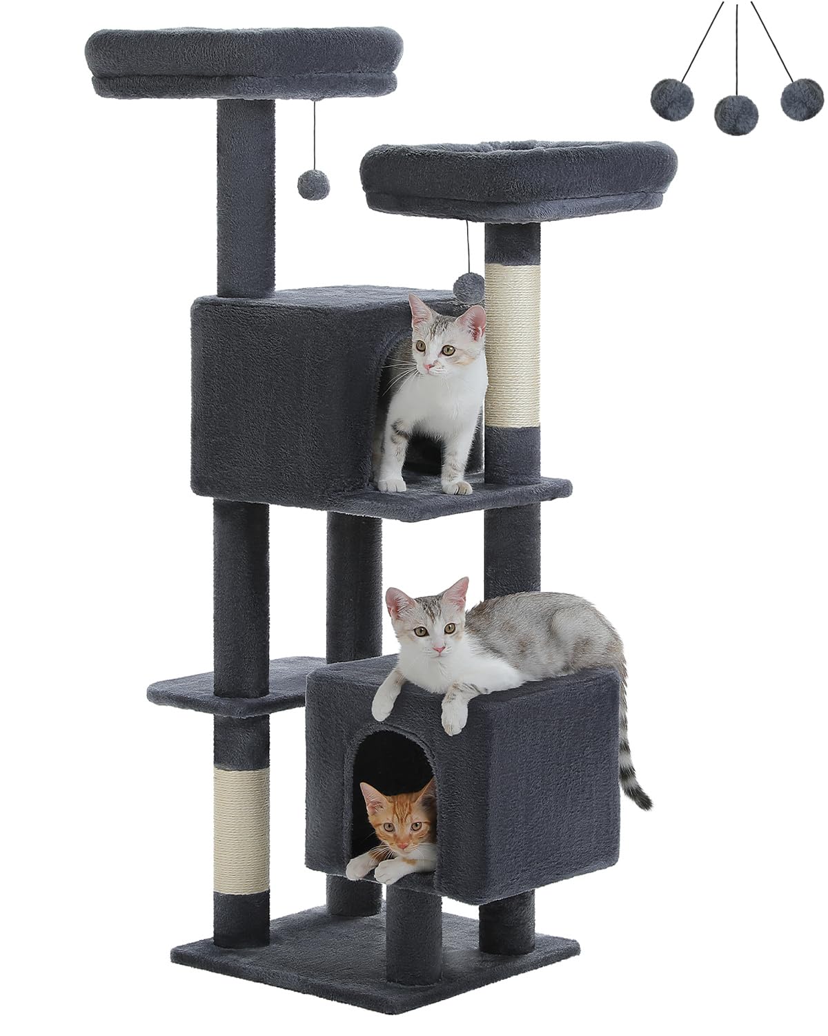 MUTTROS Cat Tree, 52.4" Multilevel Cat Tower for Indoor Cats, Plush Cat Tree House with 2 Padded Perches, 2 Condos & 2 Scratching Posts, Dark Gray
