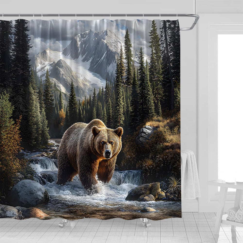 UOZXOML Rustic Bear Shower Curtain Misty Forest Snowy Mountain Farm Wildlife Waterfall Jungle Stream River Rock Natural Landscape Fabric Bathroom
