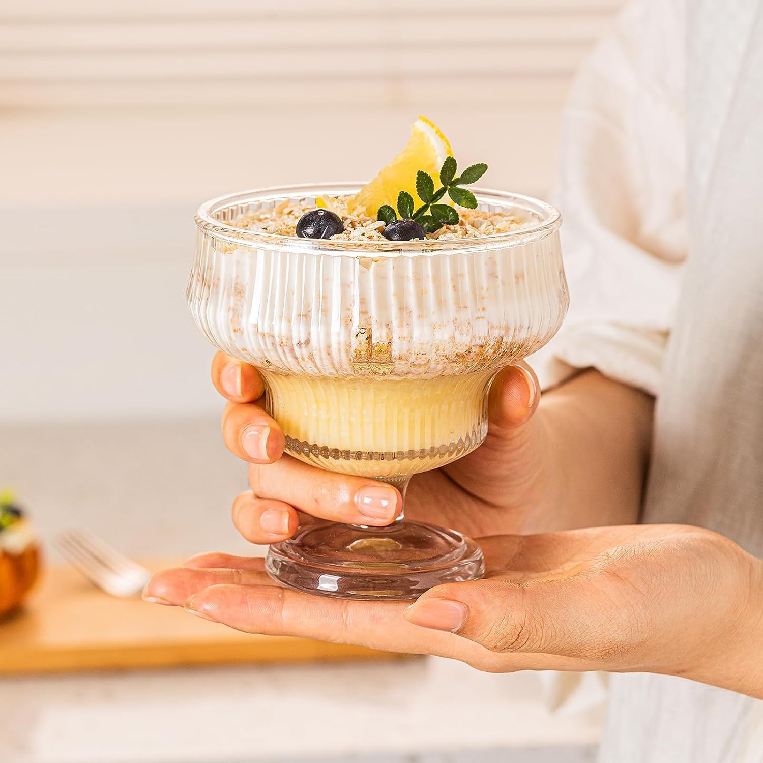 Red-Rubby Ice Cream Sundae Glass Bowl Set of 3, Clear Stripes Footed Dessert Bowls, Glass Dessert Cups Perfect for Sundae, Ice Cream, Fruit, Salad, Cocktail, Trifle 300ml (3) 2