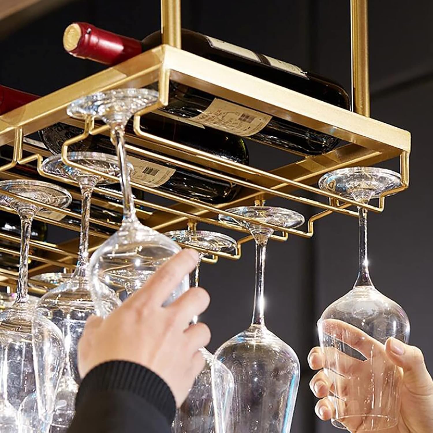 Hanging Wine Glass Holder Wine Racks,Ceiling Wine Holder,Adjustable Height,Wall-Mounted Iron Wine Glass Rack,Gold Stemware Rack for Bars Restaurants Kitchens