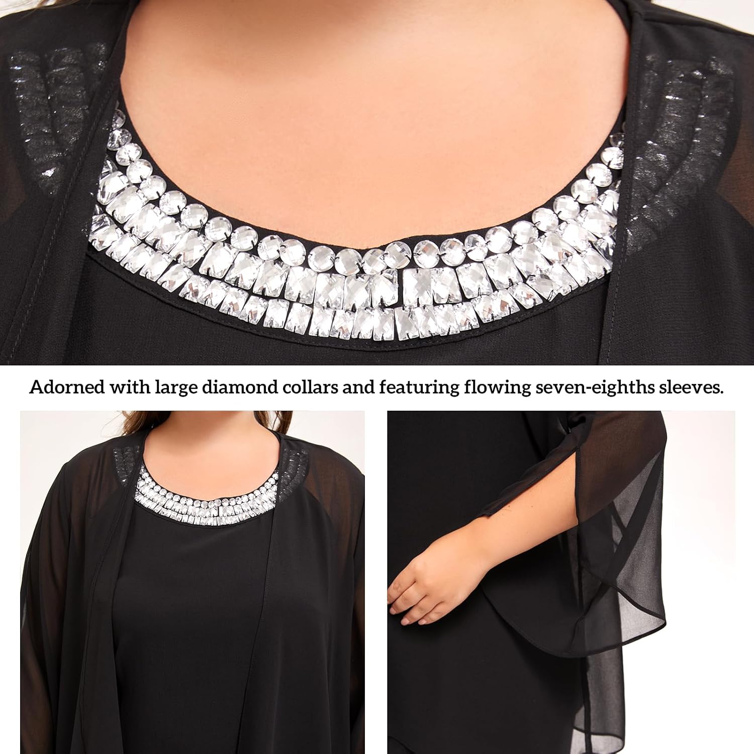 Plus Size Mother of Bride Pant Suits 3 Piece Chiffon Sets Hand Sewn Diamonds Wedding Guest Outfit - Image 6