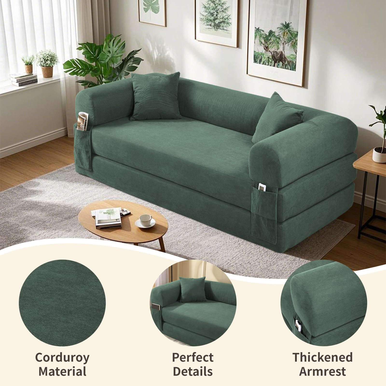 Cabrio Schlafsofa, Cord-Klappcouch mit Zylinderkissen, einfacher Transport, Bodensofa-in-a-Box, tiefer Sitz, Slish Green Wohnzimmerfell, kein Aufblasen erforderlich