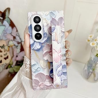 Omio for Galaxy Z Fold 7 Cute Case with Strap, Colorful Retro Oil Painting Printed IMD Flower Design Hard PC Shockproof Finger Grip Floral Cover for Women Girls, Pink Blue