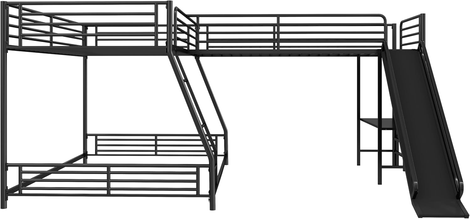 Triple Bunk Beds for Three Kids, L-Shape Twin Over Full Bunk Bed and Twin Size Loft Bed with Built-in Desk and Slide, Heavy Duty Metal Bunk Bed Frame for Boys Girls Teens, Black