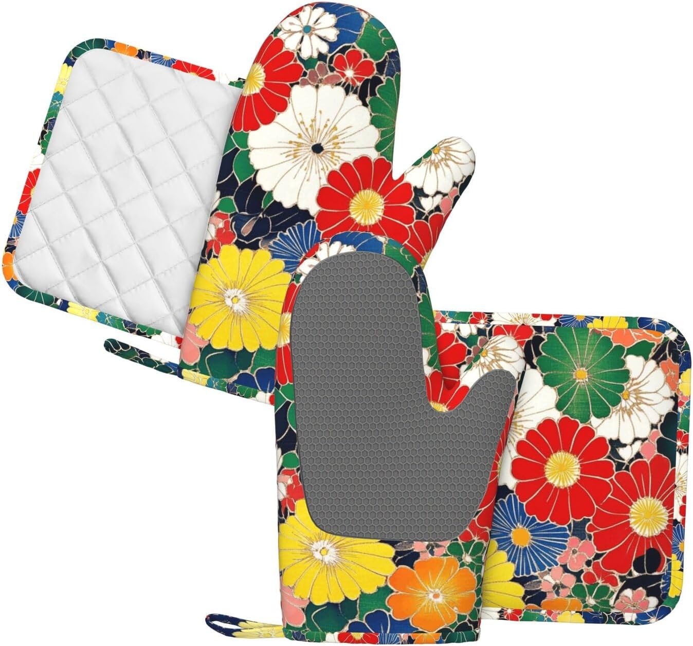 Oven Mitts and Pot Holders Flower Ethnic Art Pattern Silicone Kitchen Accessories Set of 4 Heat Resistant Long Gloves Potholder Non-Slip Grip for Chef Cooking Baking Grilling BBQ