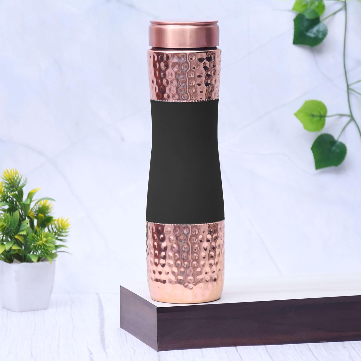 Pure Copper Water Bottle Silk Black Half Hammered Capacity 1000ML Black Copper 2.83x10.6 Inch