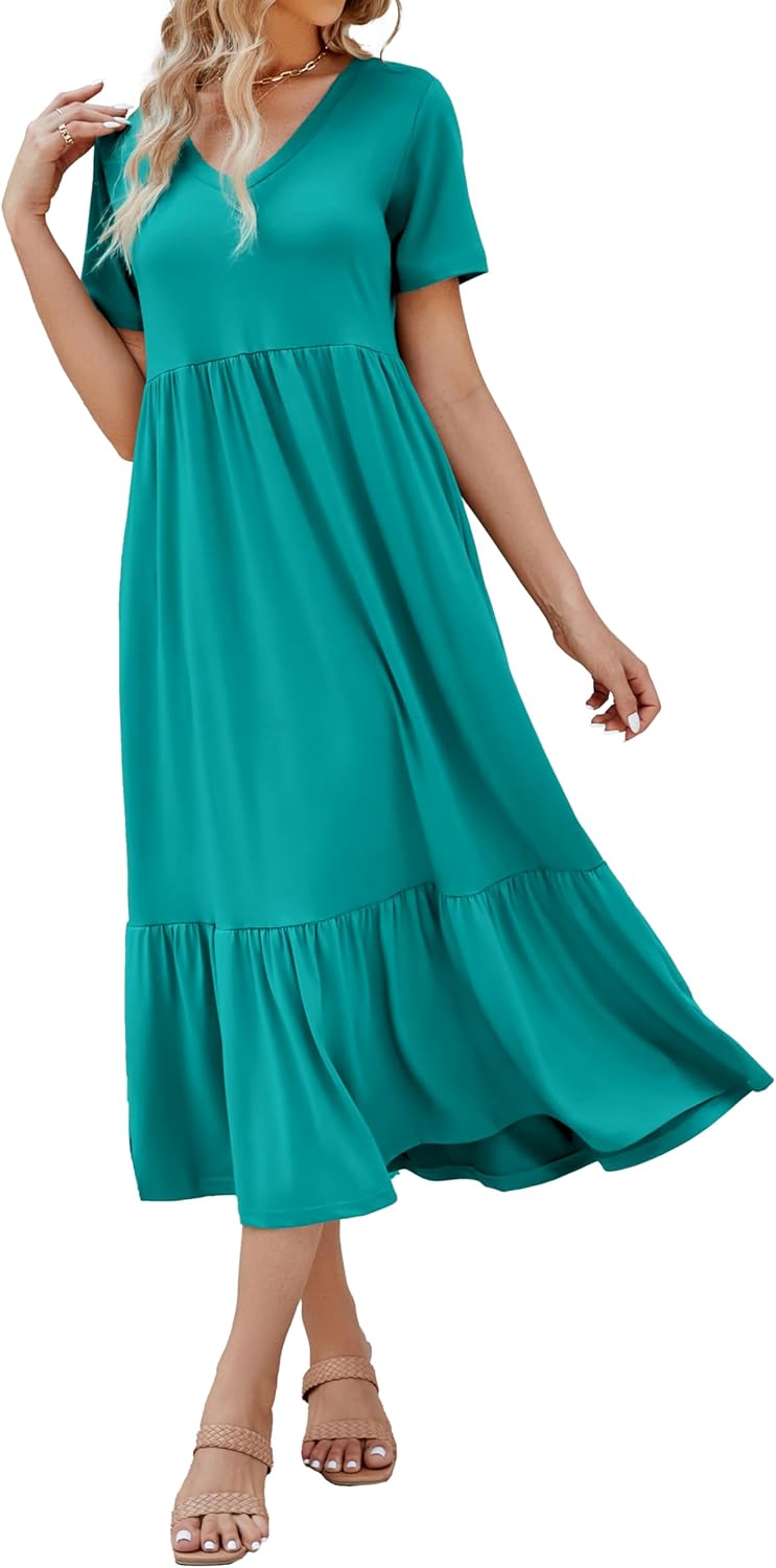 Women's Summer Short Sleeve V Neck Swing Dress Flowy Tiered