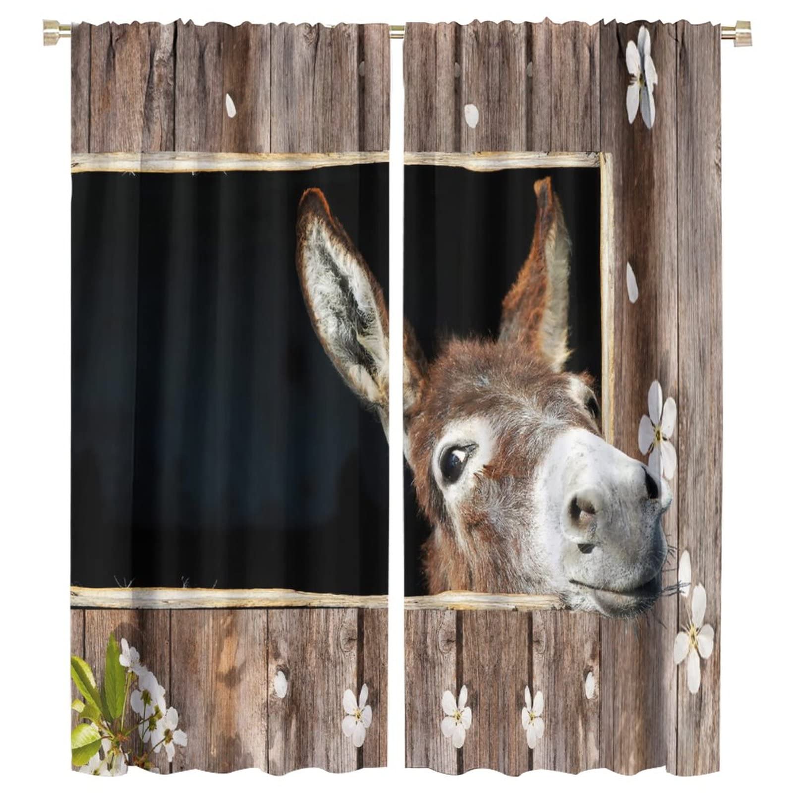 Funny Donkey Curtain,Rustic Farmhouse Animal Wooden Background Room Darkening Door Window Rod Pocket Curtain for Living Room Bedroom Kitchen Bathroom W55xL63in
