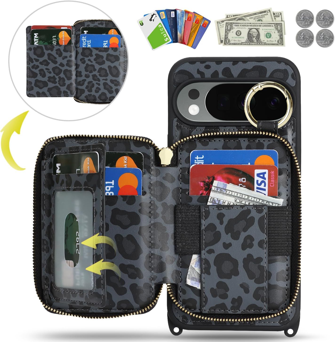 Crossbody Wallet Case for Pixel 10 Pro XL, PU Leather Zipper Handbag Purse Flip Cover, Kickstand Folio Case with Card Slots Holder Wrist Strap Lanyard -Black Leopard