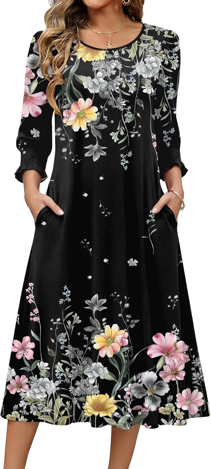 Zeagoo Summer Dresses for Women 2026 3/4 Sleeve Dress for Women Floral Midi Dresses for Casual Womens Dresses with Pockets