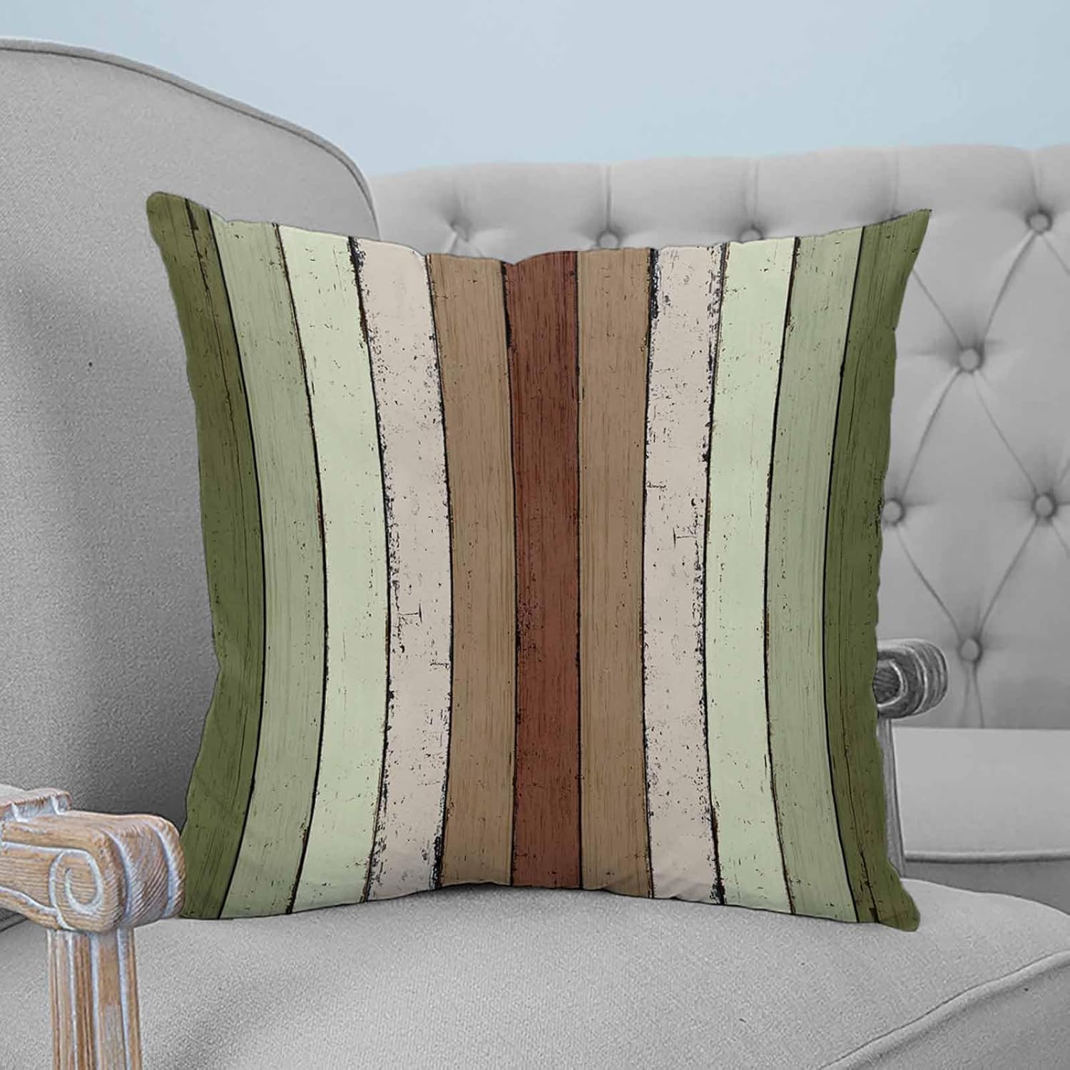 Pack of 2 Decorative Throw Pillow Cover, Sage Green Brown Wooden Cushion Cases Modern Accent Square Pillowcase for Couch Sofa Bedroom Living Room 20x20 Inch Vintage Rustic Farmhouse Wood Plank