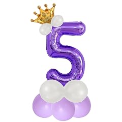 Purple 5 Number Foil Balloon with Crown & Base Balloons | 32 Inch Helium Supported for Birthday, Anniversary, Baby Shower Decoration - Pack of 14