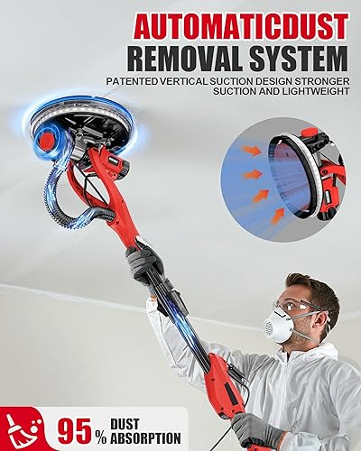 Miniatura 12 de Lijadora de paneles de yeso, lijadora eléctrica de paneles de yeso de 1050 W con colección de polvo al vacío, lijadora de pared de 2100 RPM con 7