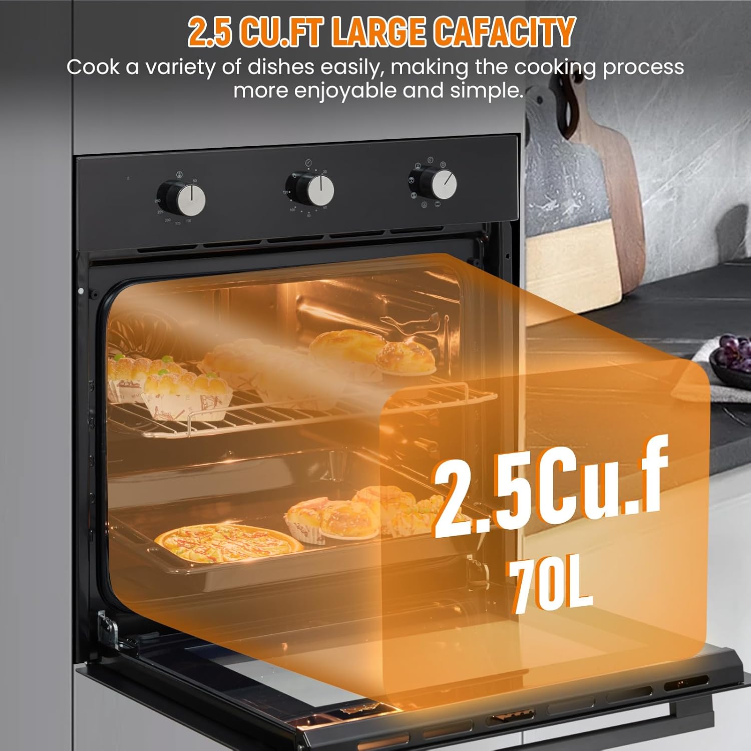 24 Inch Single Wall Oven, 2.5 Cu.Ft Built-in Electric Ovens with 8 Cooking Functions, Convection Wall Oven, Stainless Steel, Mechanical Knobs Control, Timer