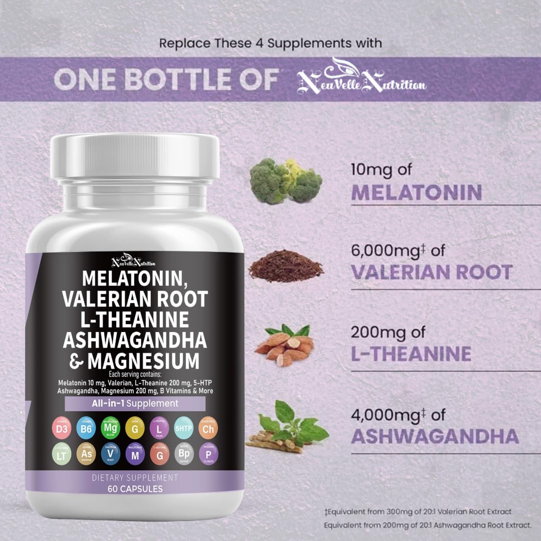 Melatonin Pills with Valerian Root, Ashwagandha, L-Theanine, Magnesium, 5-HTP, GABA, Chamomile, Lemon Balm, Passion Flower, Griffonia Extract, Vitamin C & L-Glycine Supplement — Amazon image 5