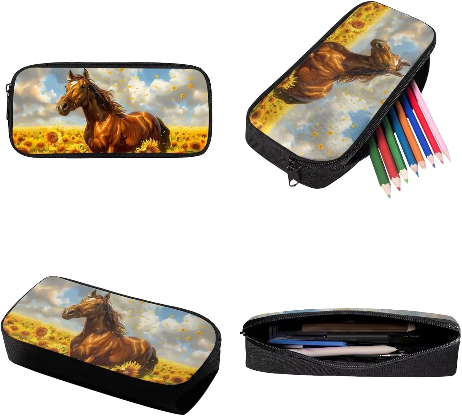 Xoenoiee Horse and Sunflower Design 3Pcs Bookbag+Lunch Box+Pencil Bag for Students 17in Large School Bag Backpack Set for Boys Girls Back To School