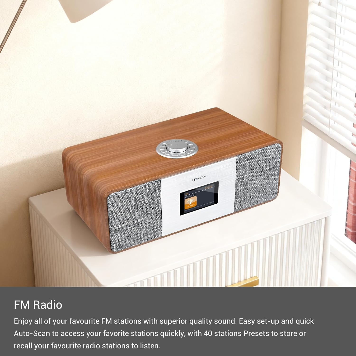 Lemega MSY3+ WiFi Internet Radio,FM Radio,Spotify Connect,Bluetooth Speaker,Stereo Sound,Wooden Box, Dual Alarms Clock,40 Pre-Sets,Full Remote and OKTIV App Control - Dark Walnut