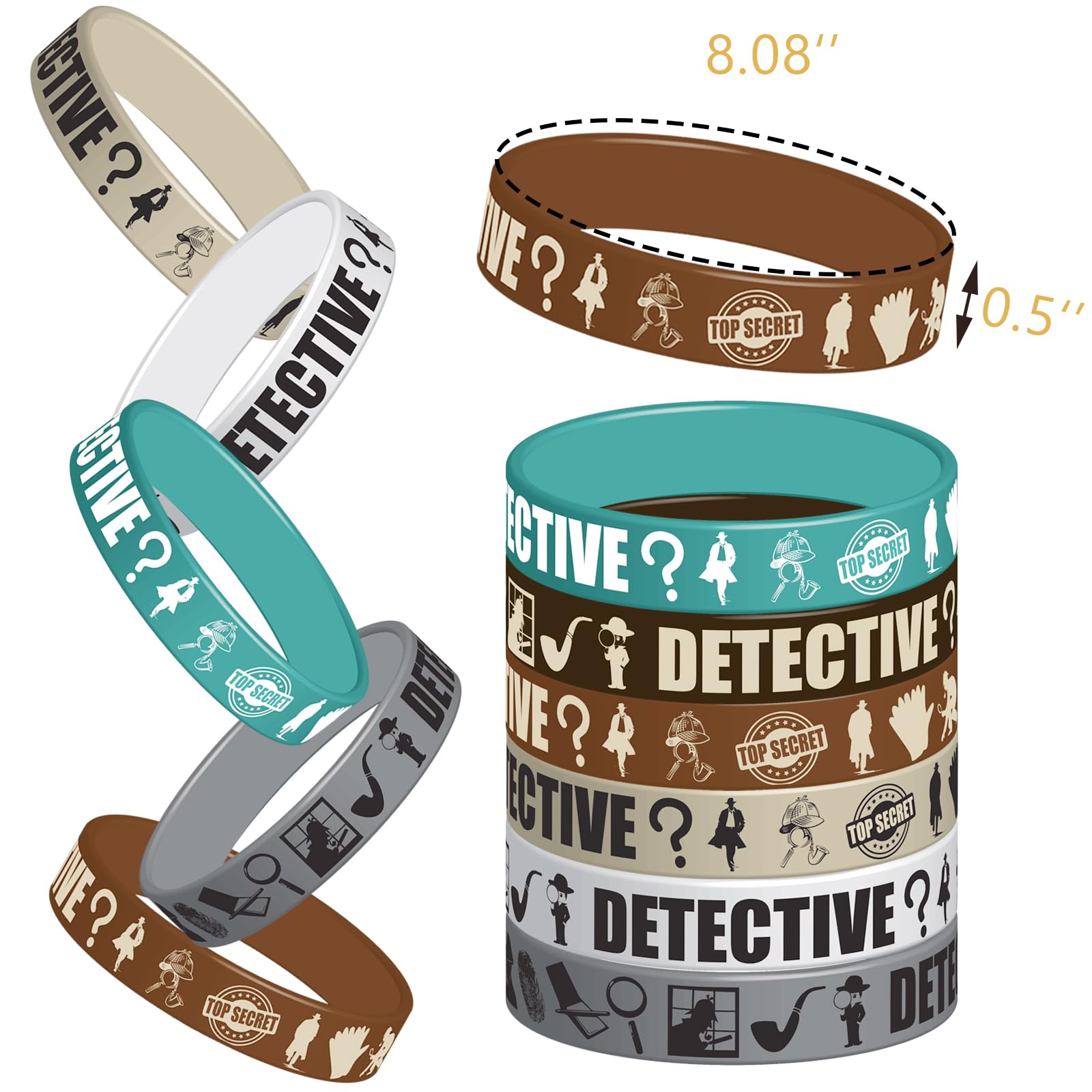 CupaPlay 24Ct Detective Party Rubber Bracelets Party favors - Top Secret Spy Murder Mystery Theme Party Supplies Decorations Birthday Silicone Wristbands Gifts