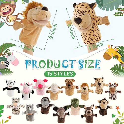Miniatura 3 de Poen Paquete de 30 títeres de mano de animales de 9.5 pulgadas, juguete de peluche suave con bocas abiertas móviles, marionetas de mano de zoológico