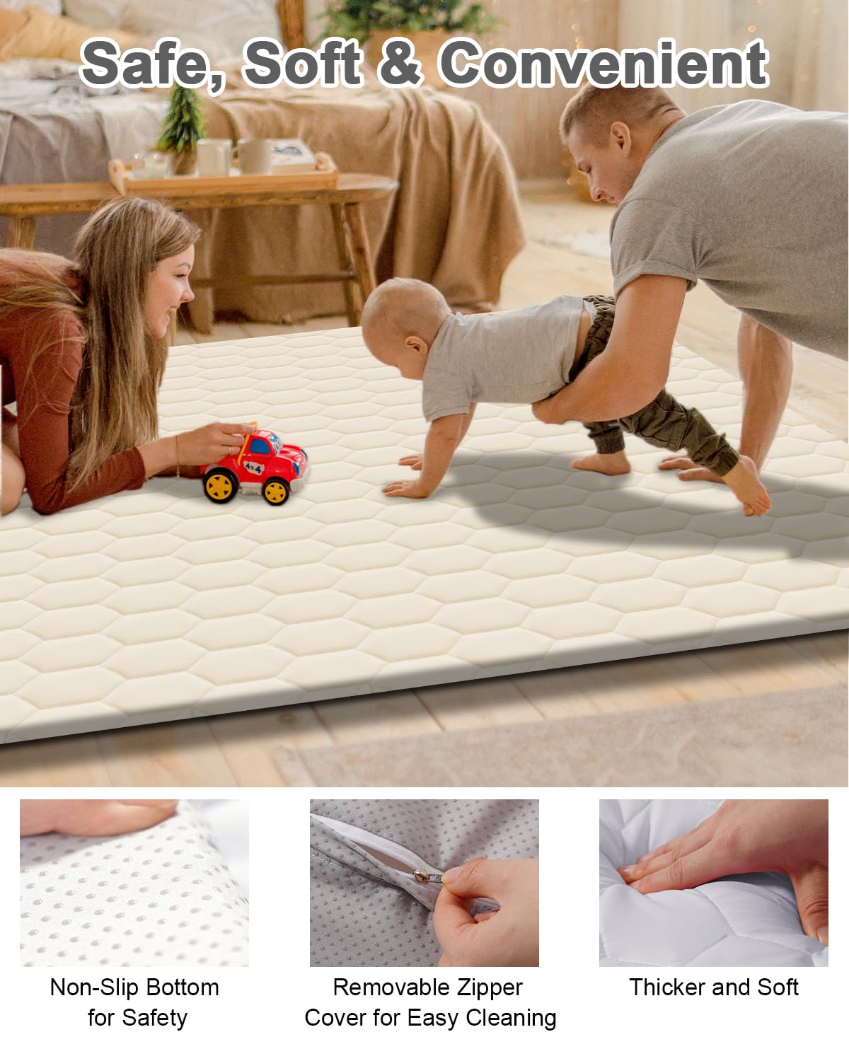 TINYHARBO Premium Foam Baby Play Mat 50" x 50" with Removable Cover, Extra Thick Padding Playpen Mat, Non-Slip Floor Mat, Stylish & Easy to Clean for Crawling Baby, Infants & Toddlers, Beige