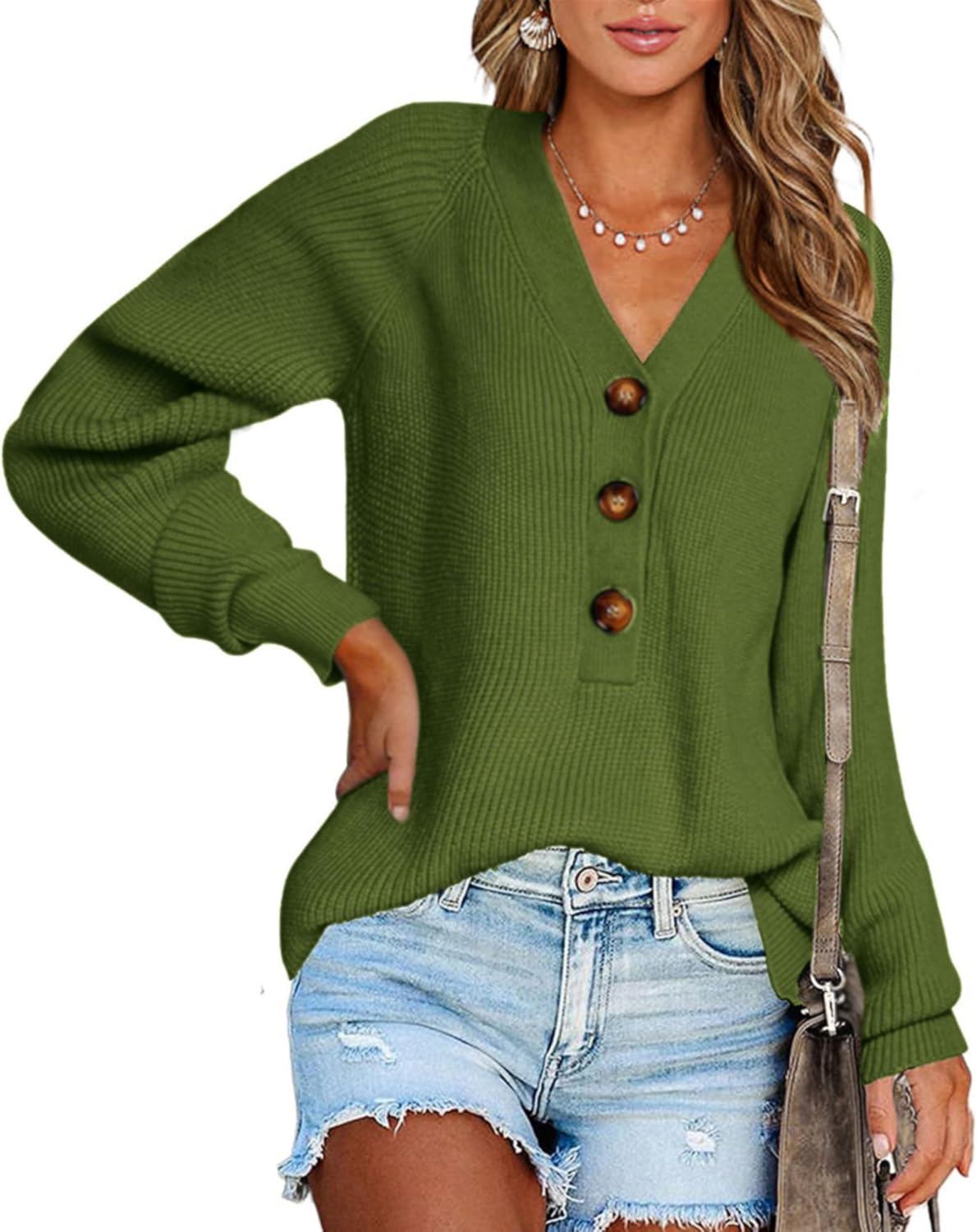BTFBM Women Long Sleeve V Neck Button Down Sweater Solid Color Ribbed Knit Sweater Casual Relaxed Fit Pullover Jumper