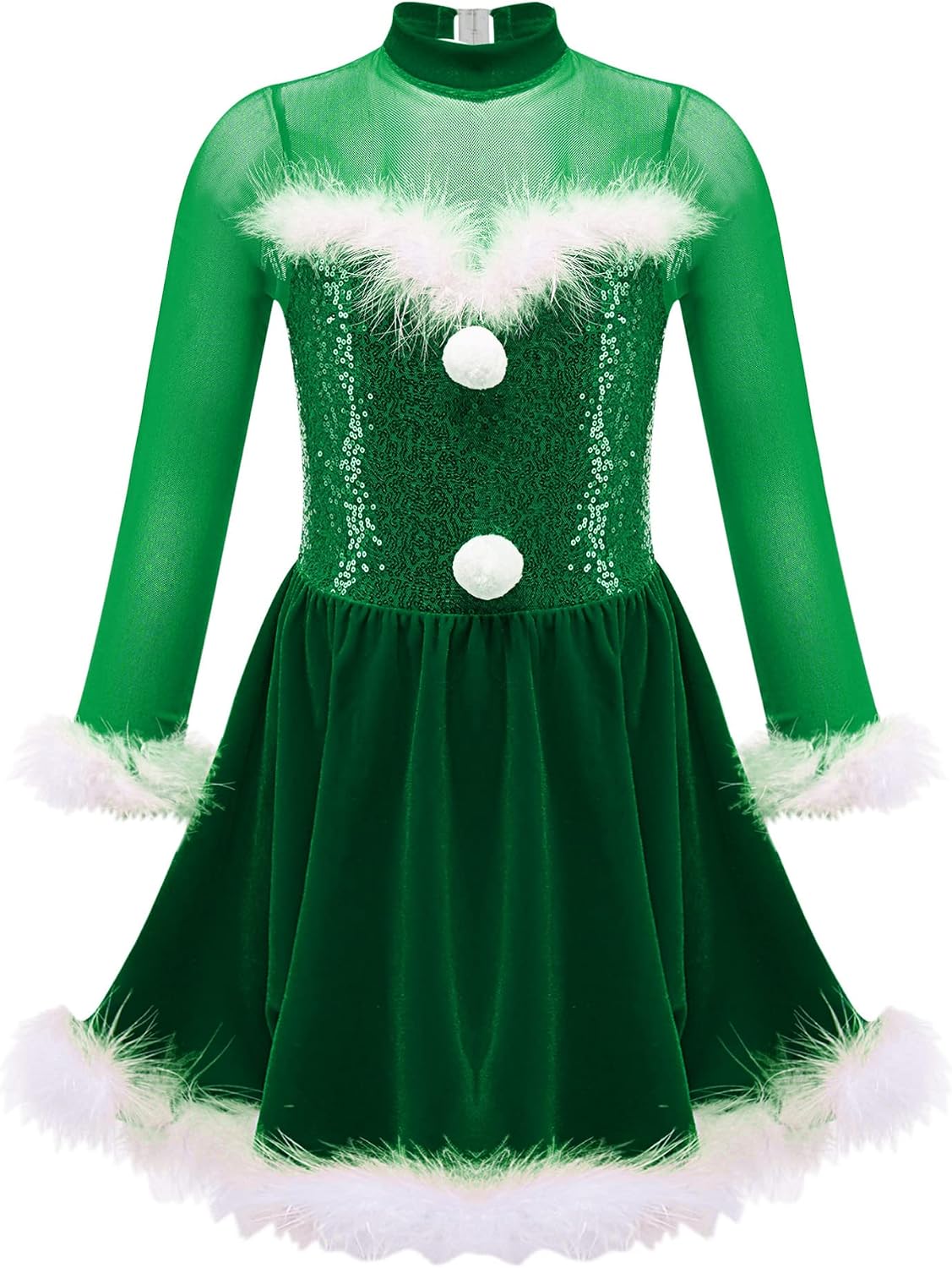 Yhong Kids Girls Christmas Shiny Sequin Dance Dress Long Sleeve Mock Neck Fluffy Feather Keyhole Dress Dancewear