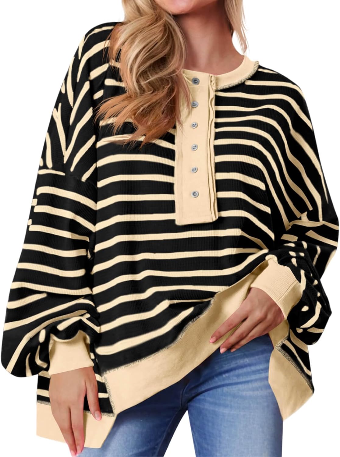 Tankaneo Womens Oversized Striped Sweatshirts Henley Shirts Color Block Casual Pullover Waffle Knit Tops