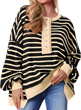 Tankaneo Womens Oversized Striped Sweatshirts Loose Pullover Fall Outfits