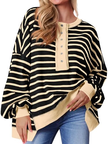 Tankaneo Womens Oversized Striped Sweatshirts Loose Pullover Fall Outfits | Long Sleeve Shirts,Waffle Knit Tops,Henley Neck,Color Block,Comfort Soft - Medium - Black Beige
