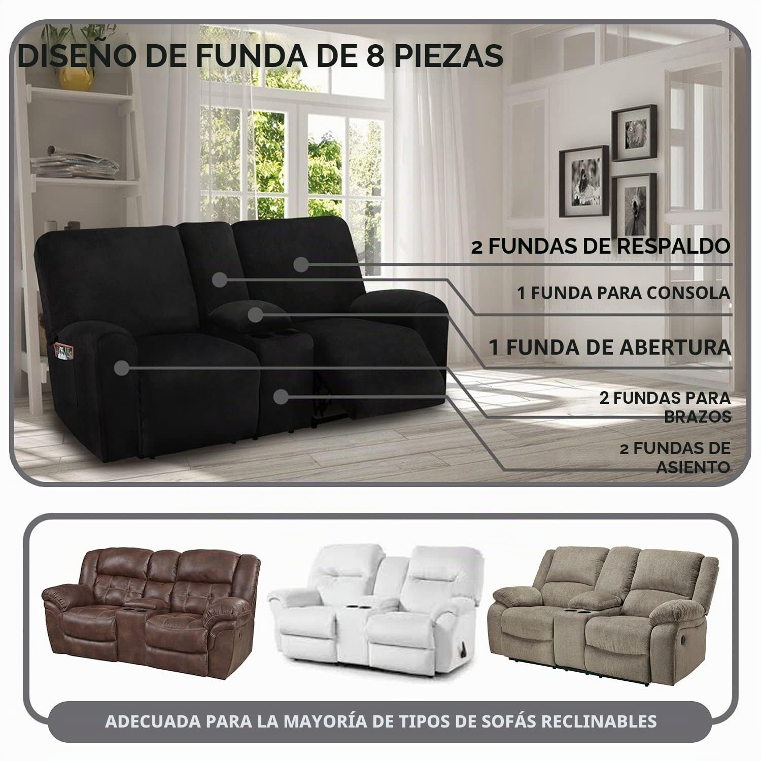 ULTICOR Sofá biplaza reclinable con Funda de Consola Central, 8 Piezas de Terciopelo elástico, Fundas de sofá reclinable, Grueso, Suave, Lavable (Negro)