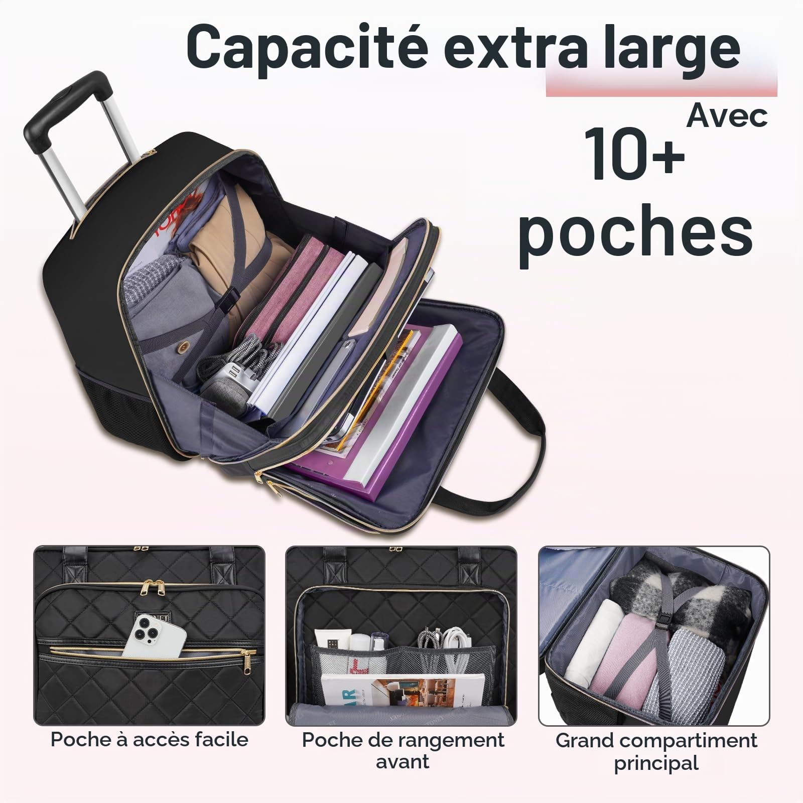 Ytonet Sac a roulettes de Ordinateur Portable Femme, Malette à roulettes pour Femmes 17.3 Pouces, Sac à roulettes pour Enseignantes 10 Poches de Rangement, comme Cadeau pour Mère, Enseignante, Noir