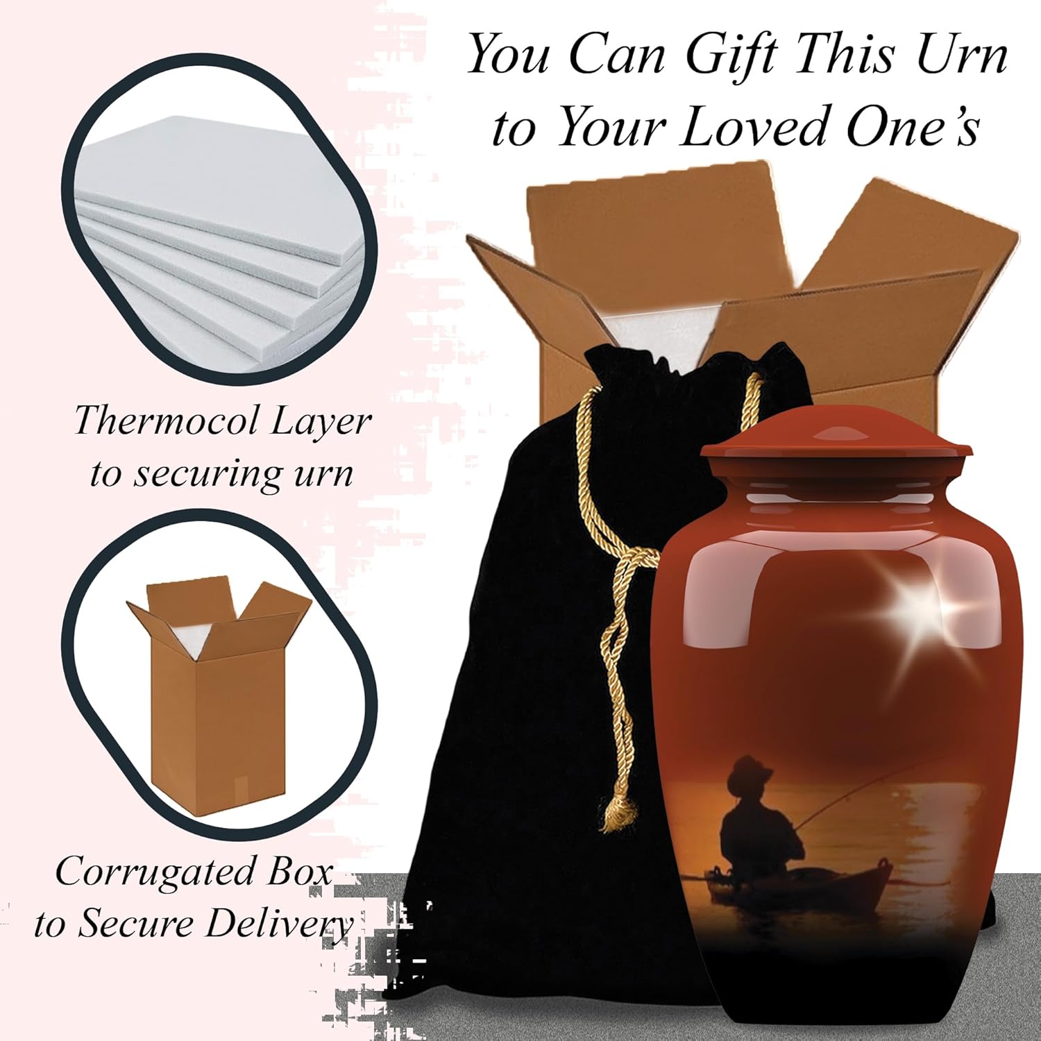 Forever URNS Adult Cremation Funeral Urn with Printed Fishing Man Theme for Human Ashes of Female & Male | 200 cu in | Large | Multicolor | Completely Handcrafted with Velvet Protection Bag