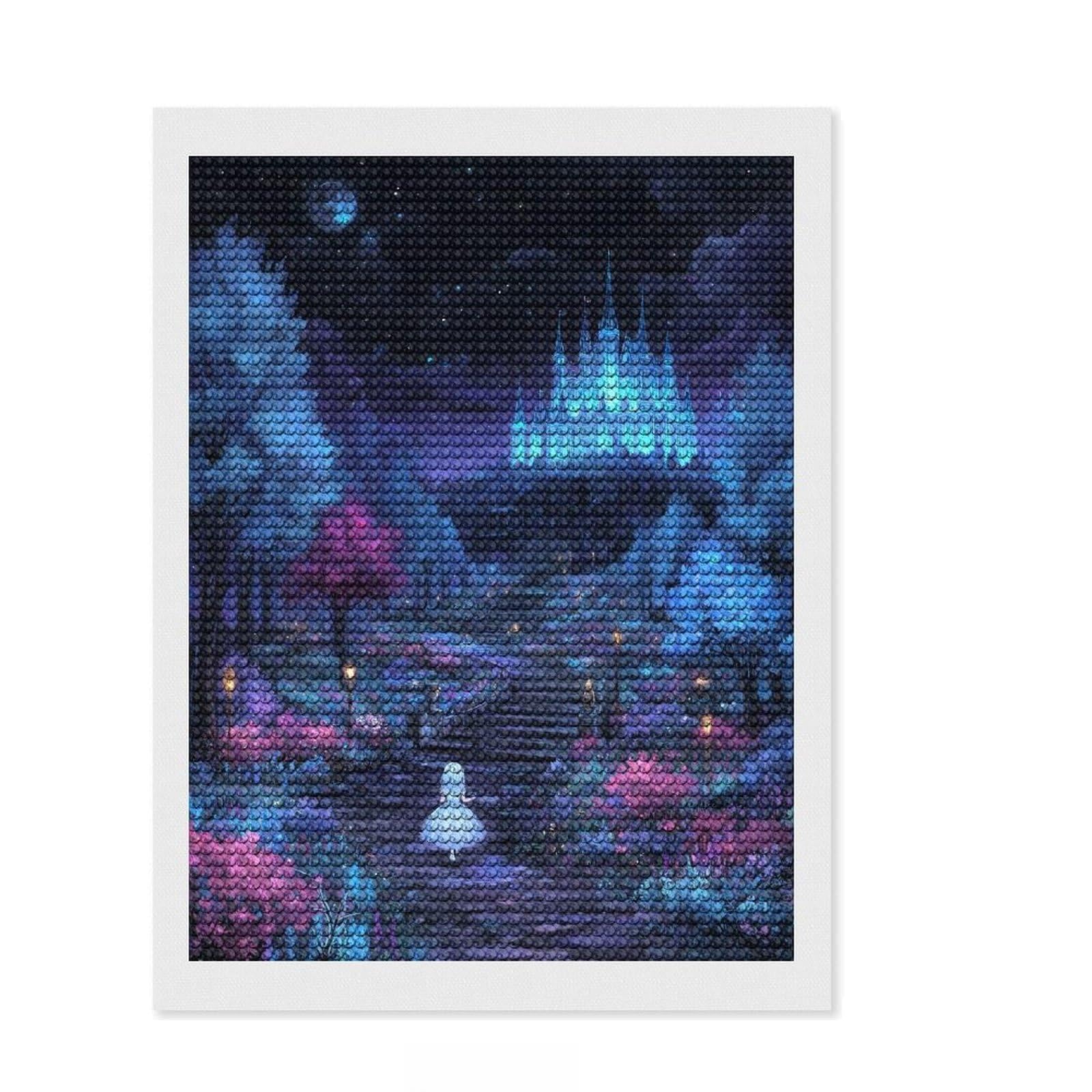 Junmoney Fantasy Castle Night Scene Diamond Art Canvas 12"x16", Birthday Gift, for Adults, Creative Leisure Activity, Aesthetic Room Decor
