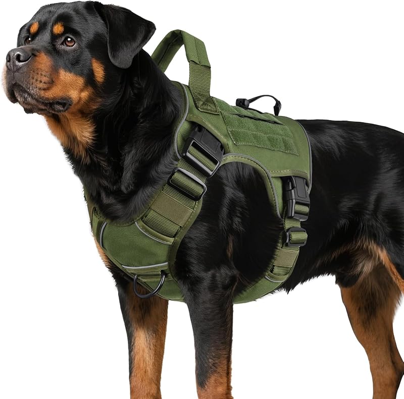 Peitoral Vest Tático Verde para Cães Grandes WINGOIN DV01 com Faixa Refletiva e 4 Fechos, Tamanho X-Large