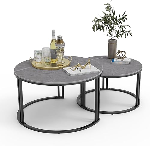 Miniatura 9 de Wisfor Mesa auxiliar redonda anidada juego de 2 mesas auxiliares de piedra sinterizada gris con patas de metal de doble polo, 27.56 x 16.14 pulgadas