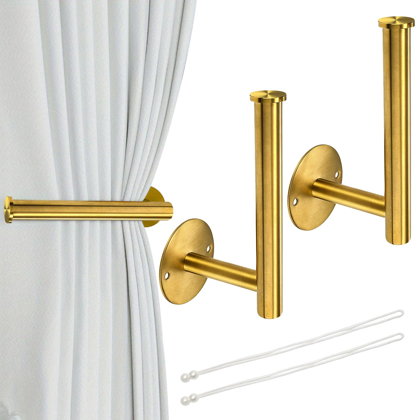 2 Pack Self-Adhesive or Drilling Curtain Holdbacks, No-Drill Curtain Tiebacks Metal Curtain Holdbacks with 2 Curtain Ties, Modern Curtain Tie Backs & Hooks for Home Hotel Office Window Drapery (Gold)