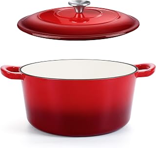 HaSteeL 5 Quart Cast Iron Dutch Oven, Non-stick Enamel Cooking Stock Pot with Lid, Non-stick Round Cookware for Sourdough Bread Baking Roasting Stewing Braising Frying, Heavy Duty & Oven Safe (Red)
