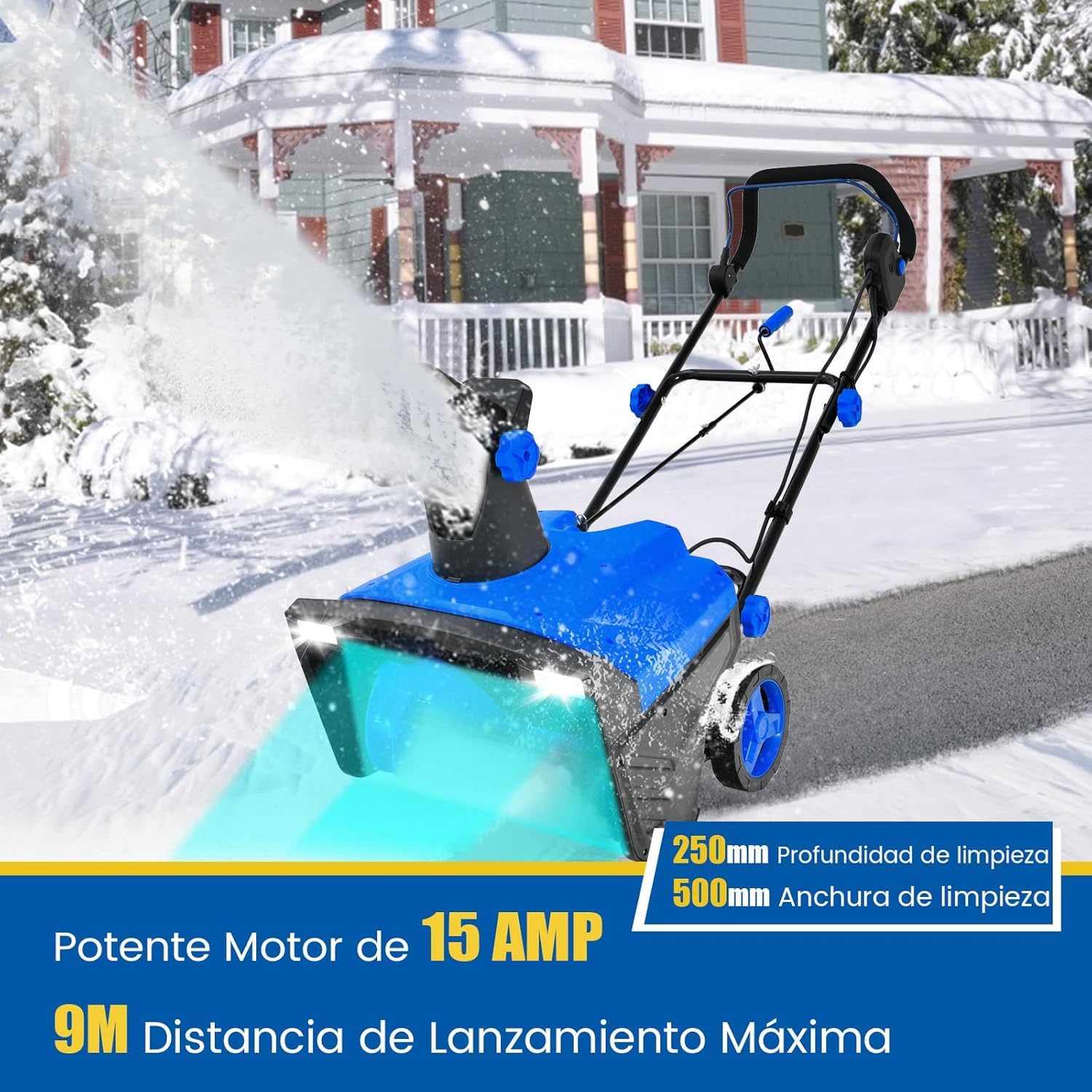 GOPLUS Quitanieves Eléctrico 2300W, Lanzador de Nieve 3000RPM con Faros LED, Ancho Trabajo 50CM y Profundidad 25CM, Giratorio 180°, Distancia de Lanzamiento 9M, Lanzanieves con Ruedas y Cable (Azul)