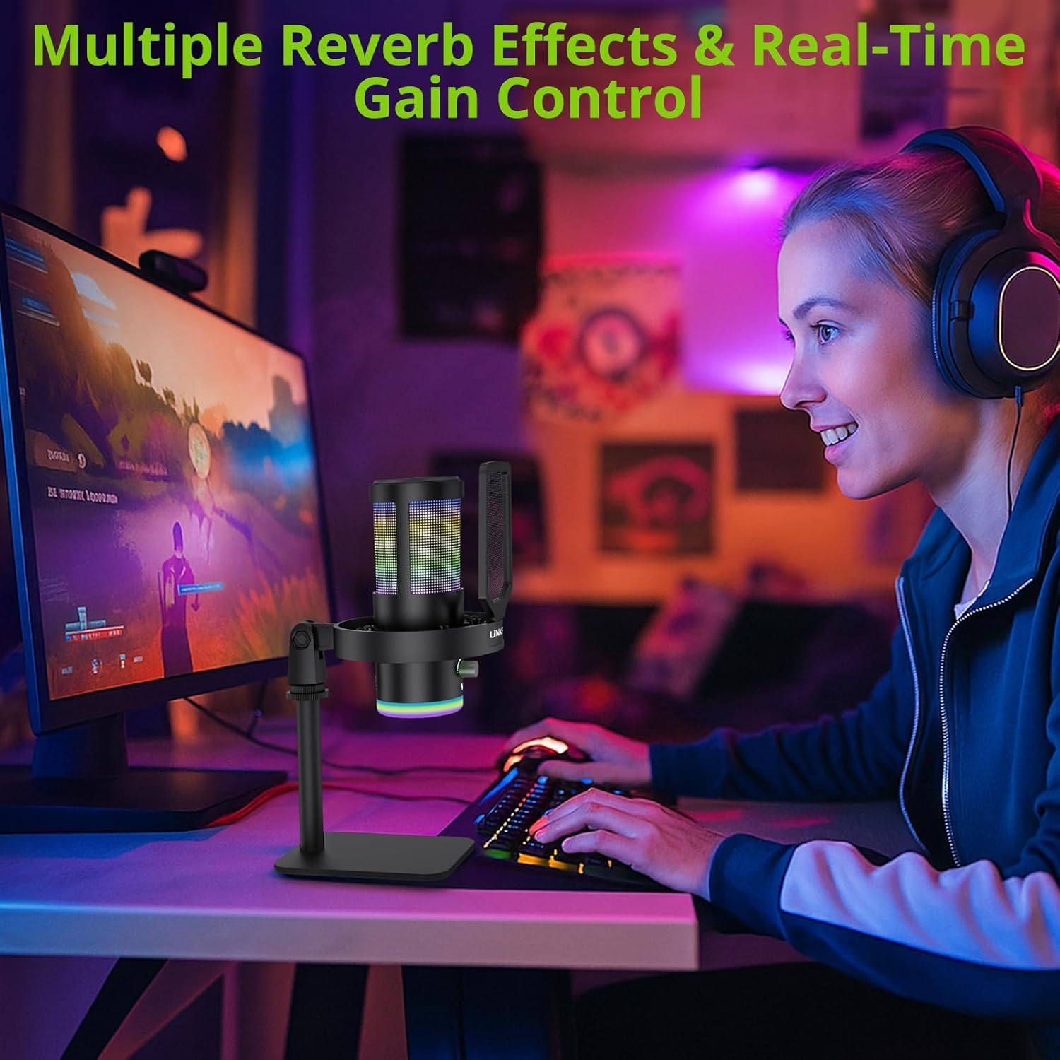 LiNKFOR USB Gaming Microphone in use with reverb and gain control