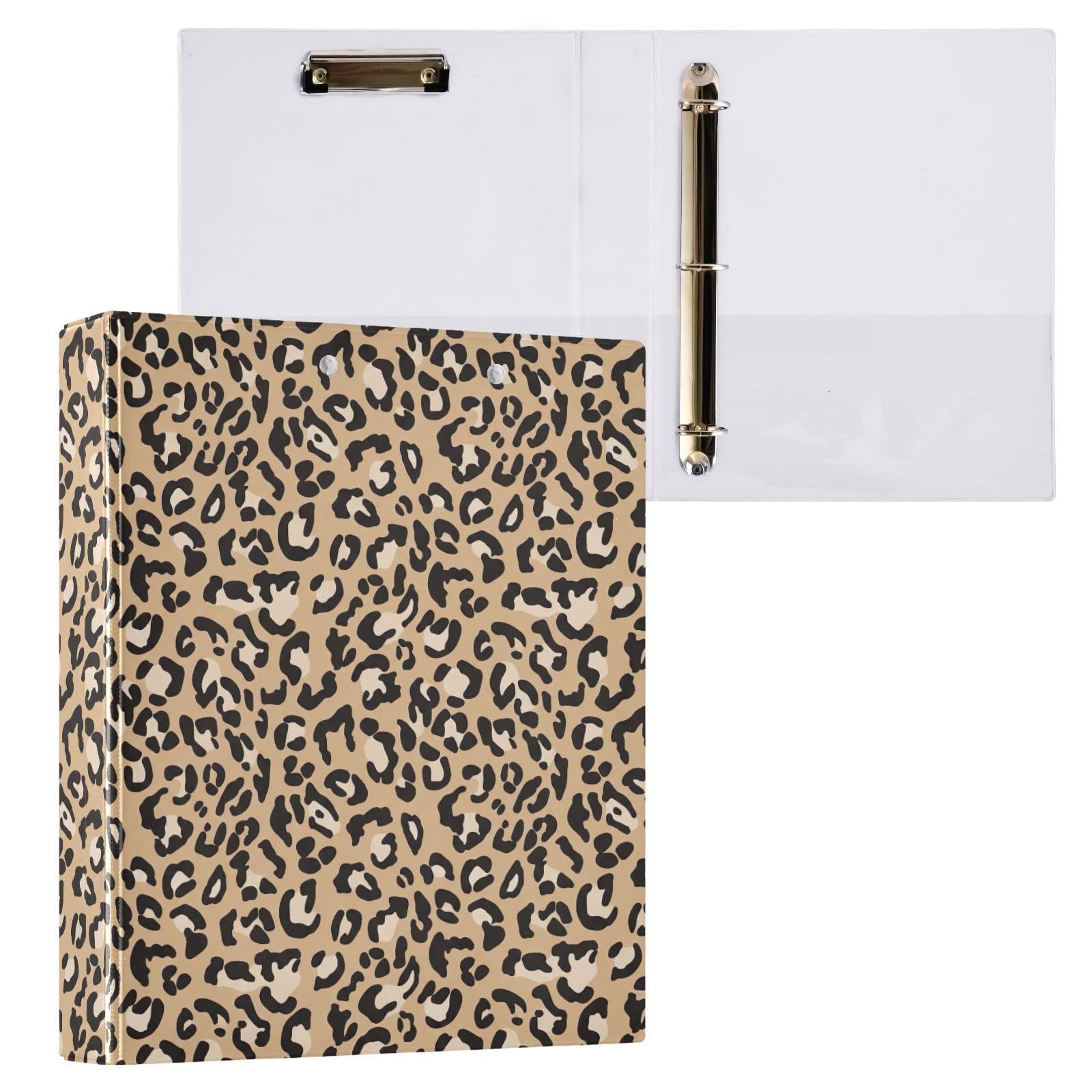 Confezione da 2 raccoglitori ad anelli con stampa leopardata marrone a D con tasche grandi, per scuola, università, ufficio