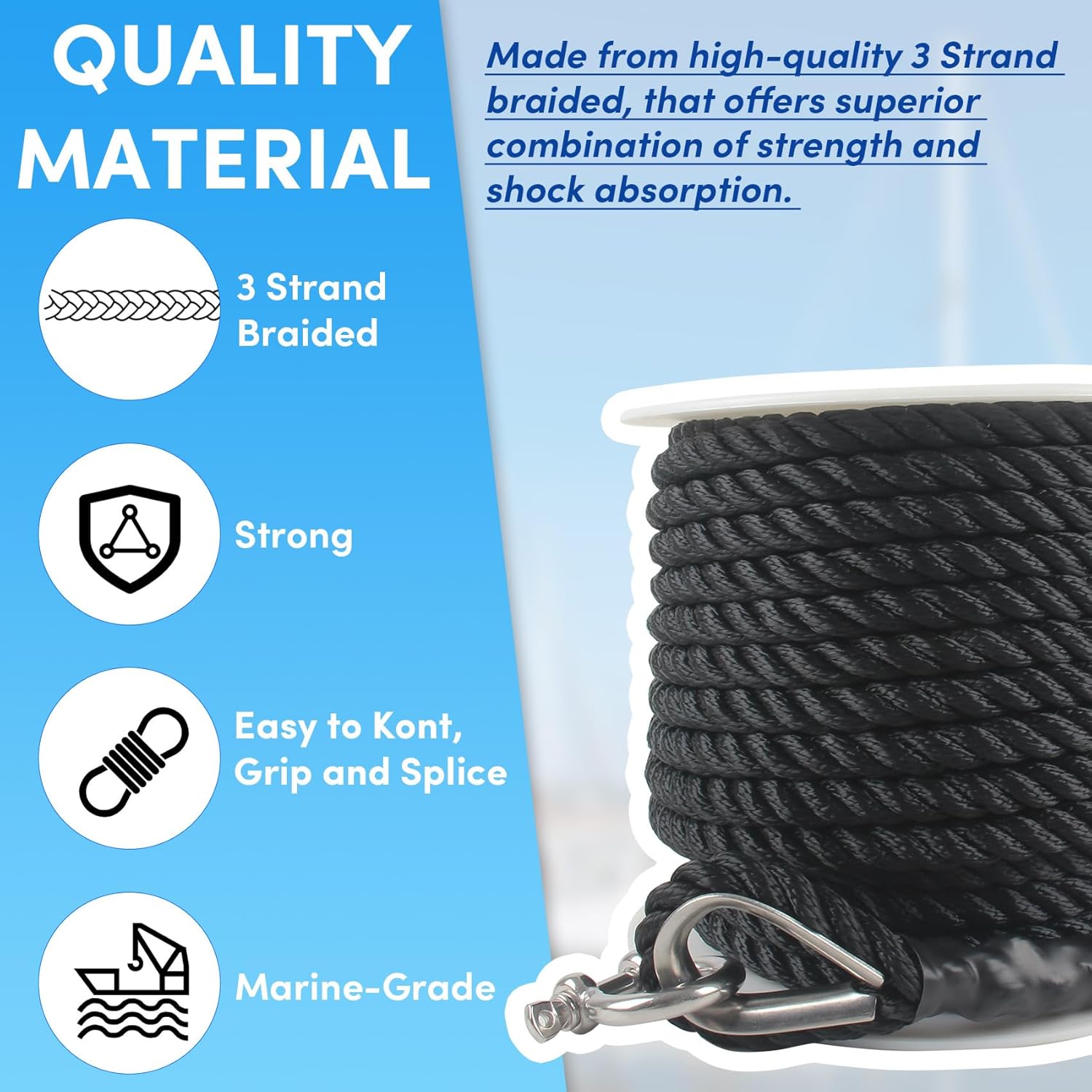 Anchor Rope 50 ft x 1/2 inch Black, 3 Strand Anchor Line Boat Rope with Stainless Steel Thimble & Shackle Ideal for Towing,Docking,Boats,Mooring,Anchoring,for Boats Up to 35' - Image 4