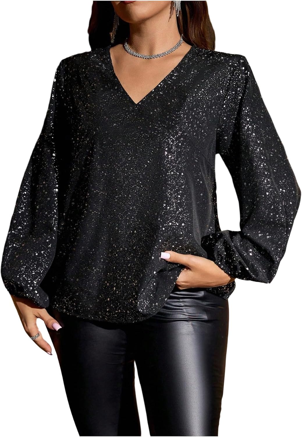 GORGLITTER Women's Plus Size Party Tops Sequin Bishop Long Sleeve V Neck Blouse Dressy Casual Loose Shirt