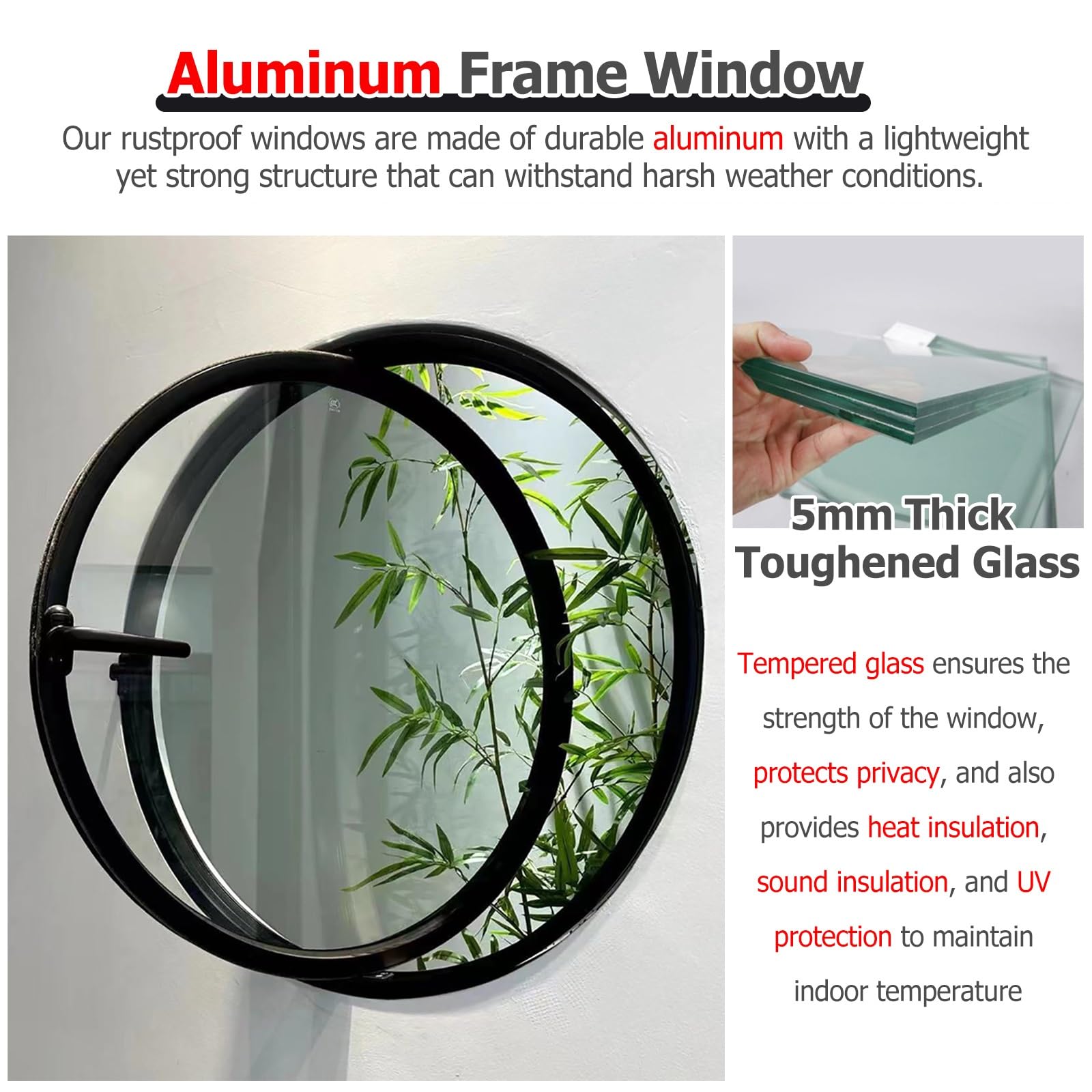Ventanas Redondas giratorias de Cristal, Ventana Redonda abatible de 40, 50, 60, 70, 80 y 100 cm con Cristal Templado, Ventanas Grandes y pequeñas de Montaje Empotrado para coberti