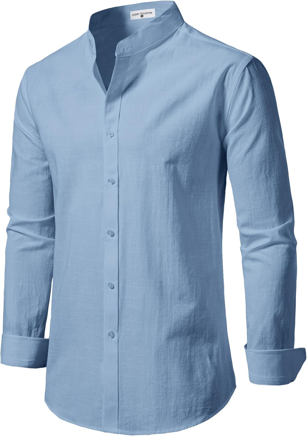 Mens Linen Band Collar Beach Shirts Casual Button Down Solid Plain Long Sleeve Hawaiian Shirts - Image 3