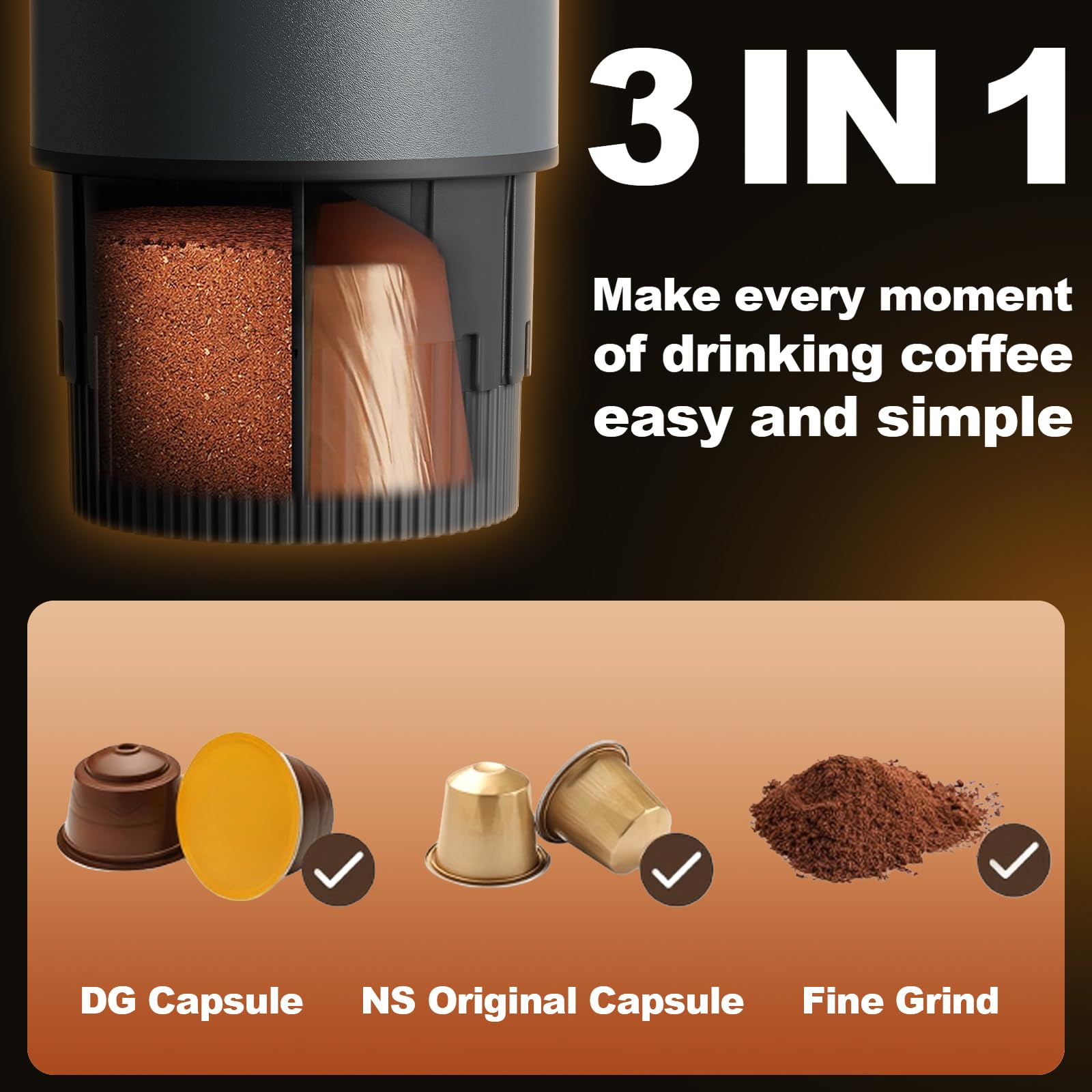 Cafetera portátil, juego de máquina de café espresso eléctrica 3 en 1, cafetera recargable de autocalentamiento con bolsa de transporte y soporte de café para oficina, camping, senderismo