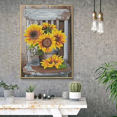 Eiazuiks Stamping Cross Stitch Kit, Sunflowers Counting Cross Stitch Kit For Adult Beginners, Full Line Diy Cross Stitch Stitching Kit For Home Decor Cross Stitch Patterns 11.8X15.7 Inches #TOP1
